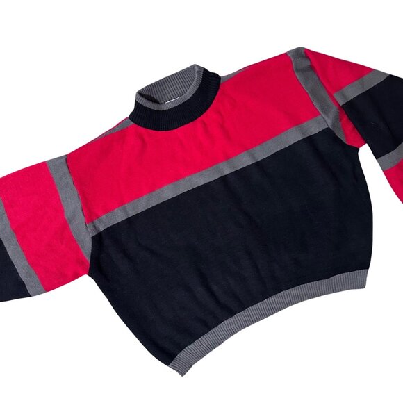 Hollywood & Vine Sweaters - Vintage Colorblock Sweater Large Red Black Gray Acrylic Retro Hollywood Vine 80s